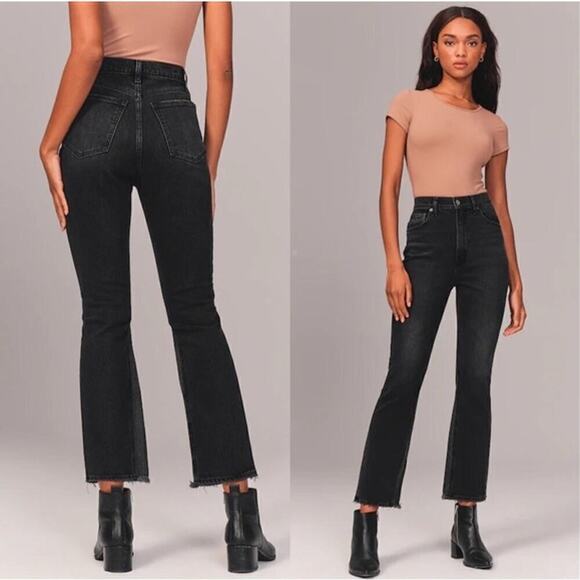Abercrombie & Fitch Ultra High Rise Frayed Kick Flare Denim Jean Washed Black 25 - Picture 3 of 10
